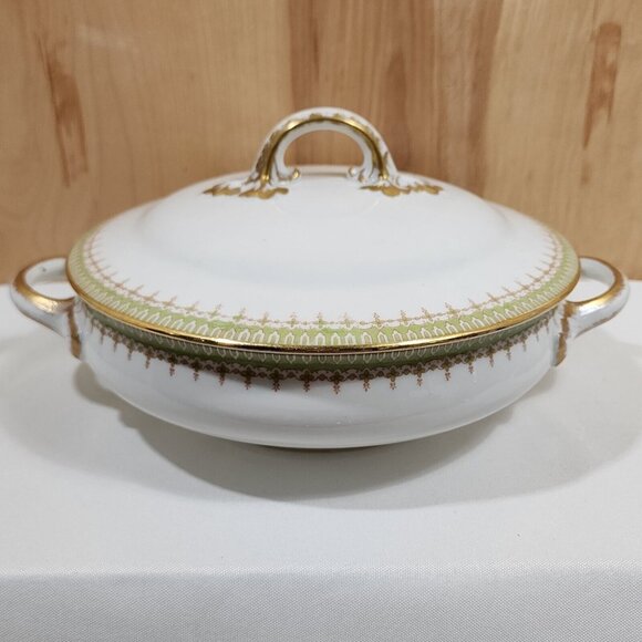 Wm Guerin Limoges Covered Serving Bowl 7.5" handled porcelain dish gold gilt - Picture 1 of 11